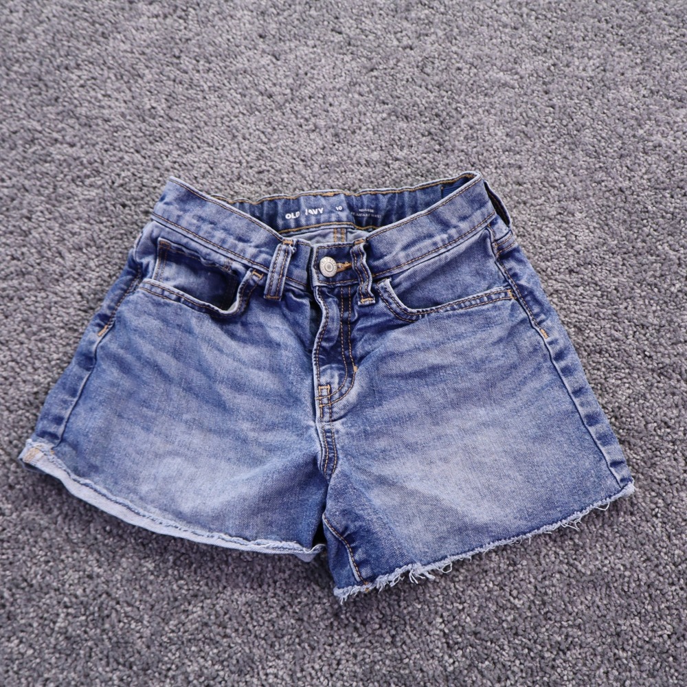 Old Navy Denim Shorts Girls 10 Blue High Rise Adjustable Waist Cut Off Hem